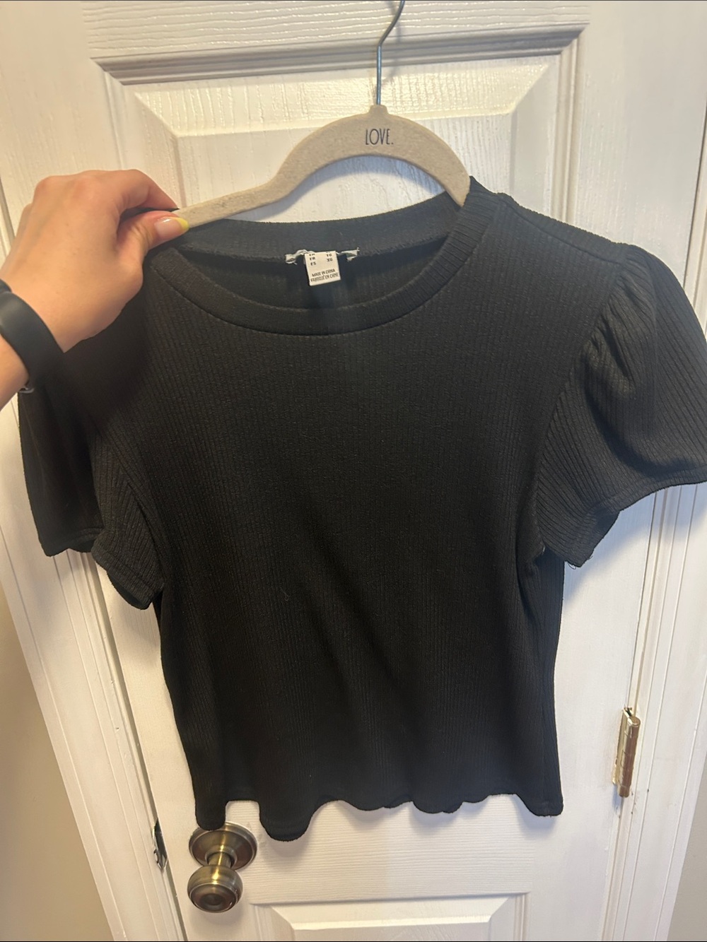 Revamped Black Ribbed Puff Sleeve Tee - Short Sleeve